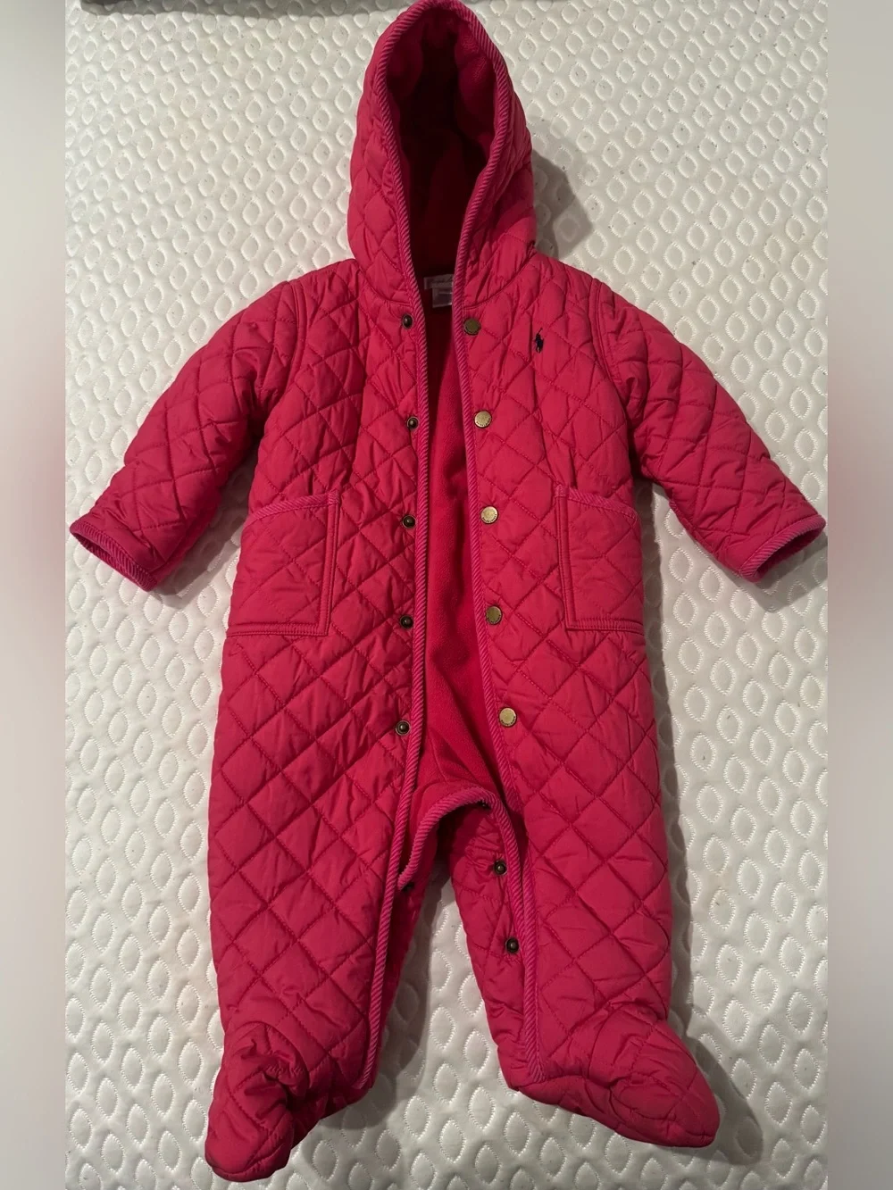 Ralph Lauren Quilted Hooded Baby One-Piece in Hot Pink